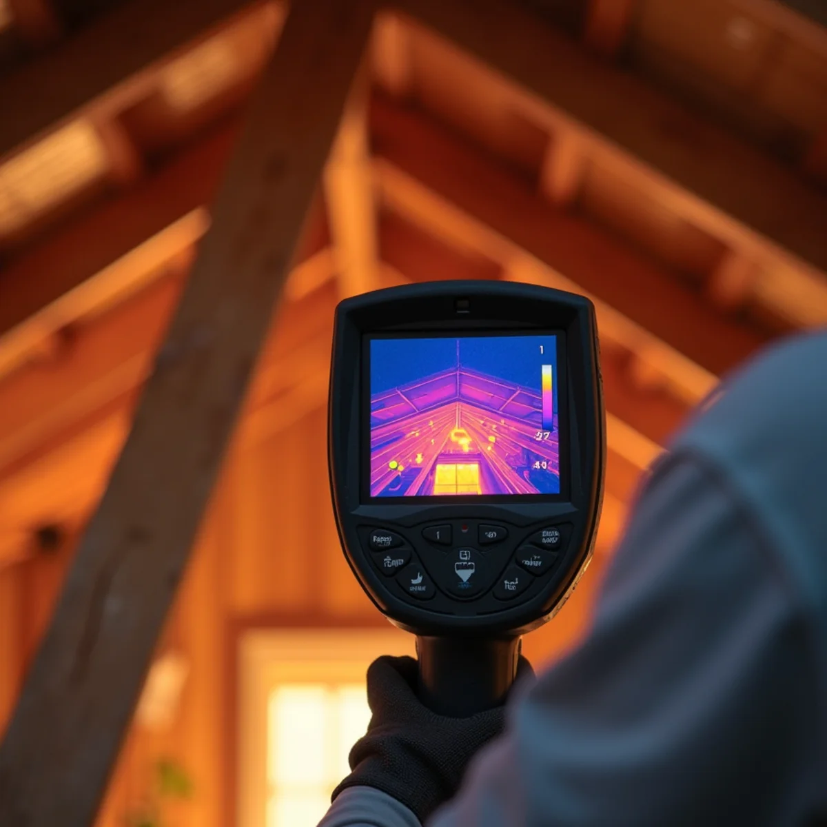 Infrared thermal imaging camera screen displaying heat loss and moisture hotspots in attic