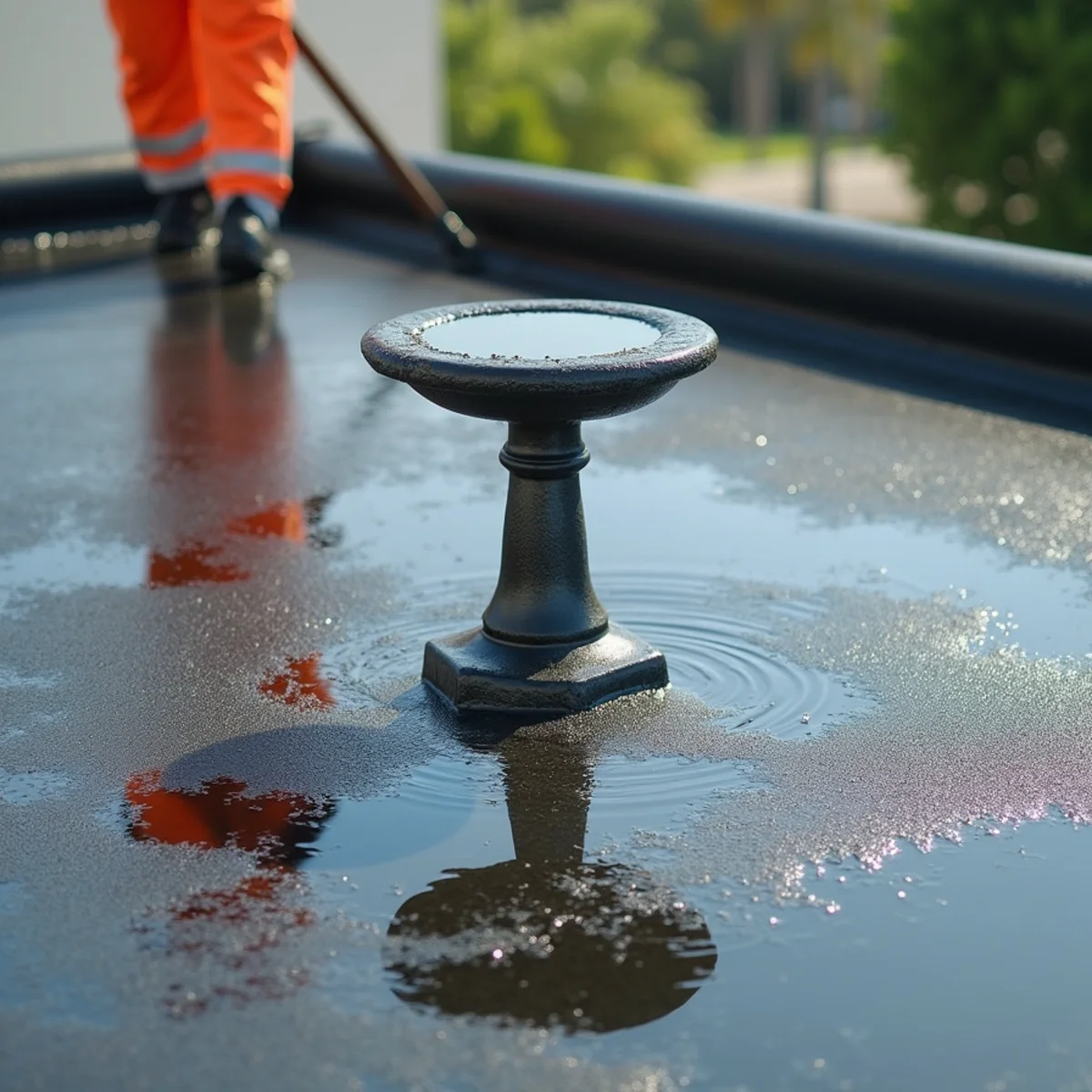 Close-up view of circular standing water birdbath puddle on flat roof membrane