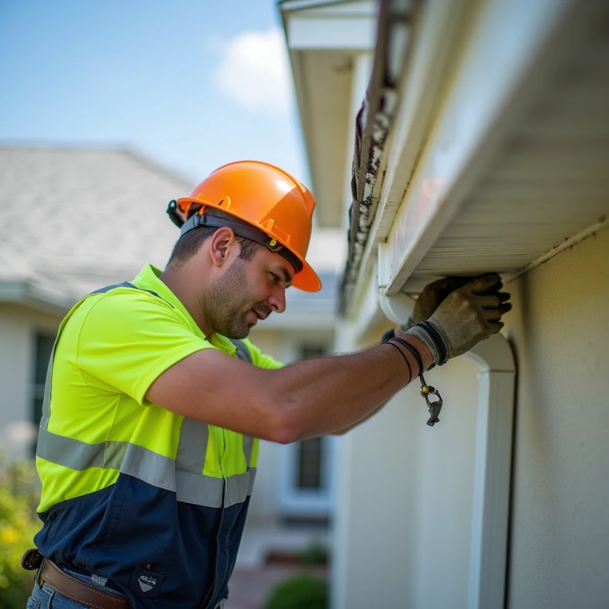 Inspector checking aluminum perimeter drip edge and wood fascia board integrity