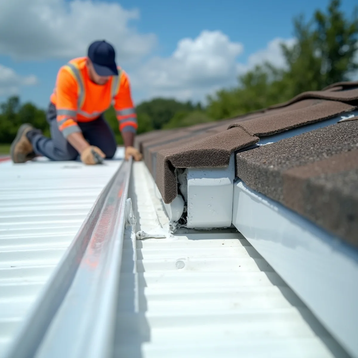 Technician applying thick white elastomeric polymer sealant over reinforced mobile home seam
