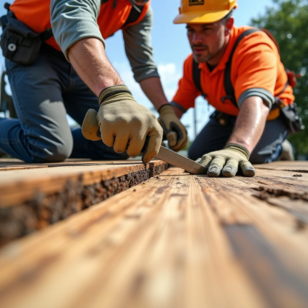 Rotted wood deck sheathing being replaced with new plywood by roof technicians