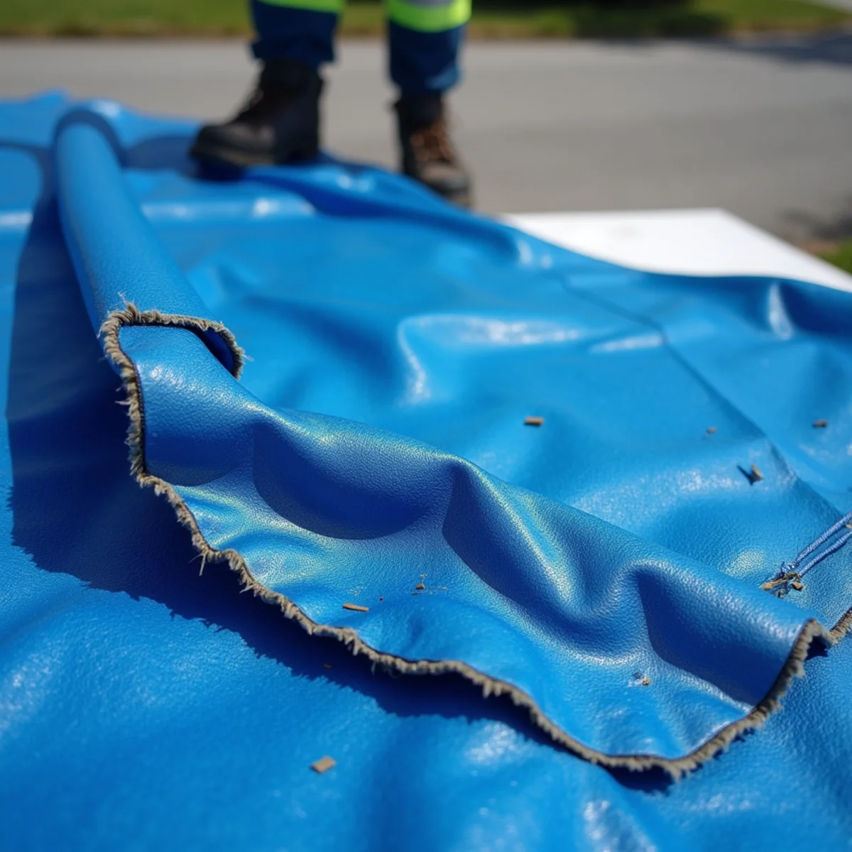 Weathered blue emergency tarp showing fraying edges and solar UV degradation