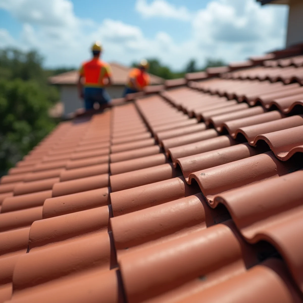 Interlocking courses of curved terracotta concrete and clay barrel tiles