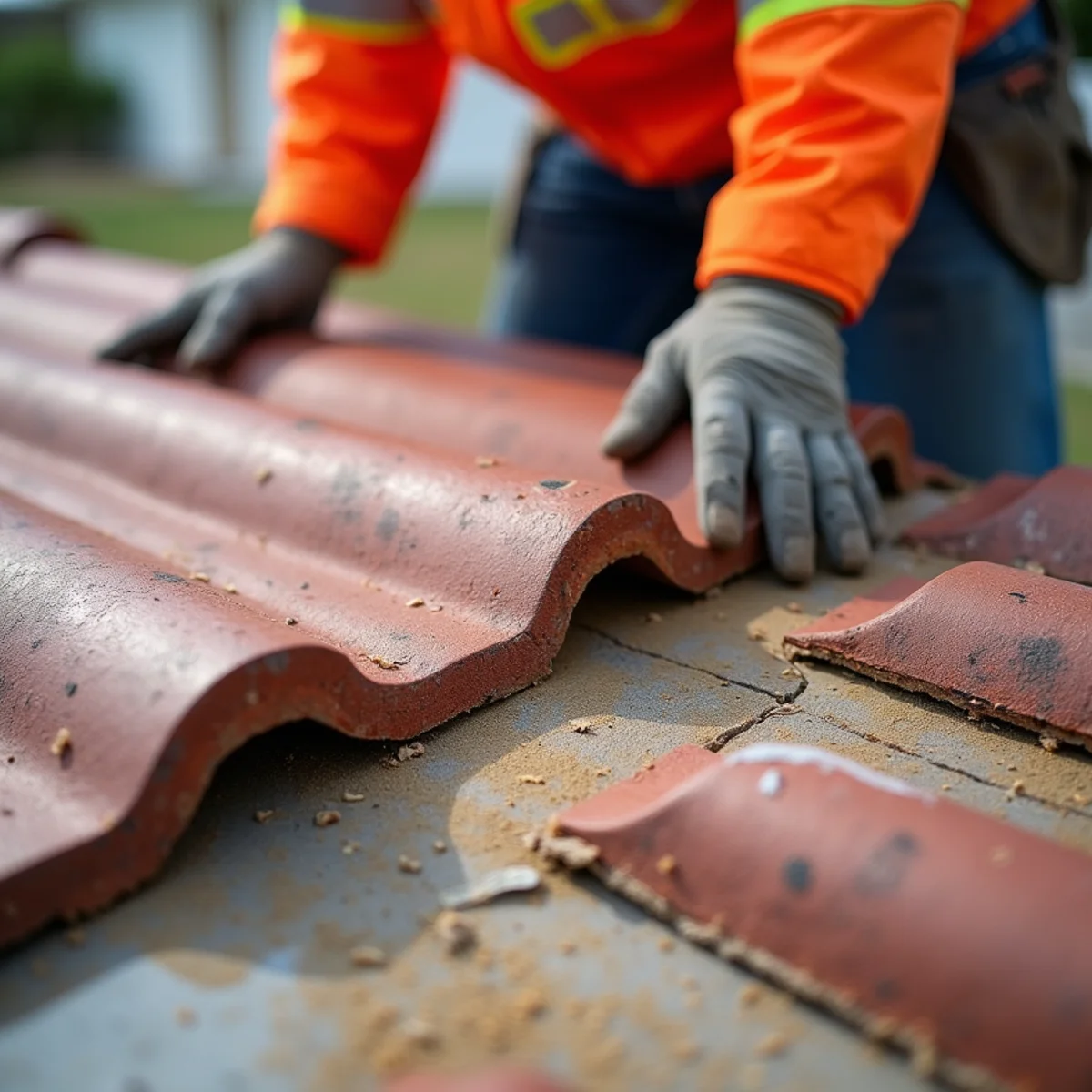 Intact concrete roof tiles lifted to expose brittle, crumbly decayed underlayment felt