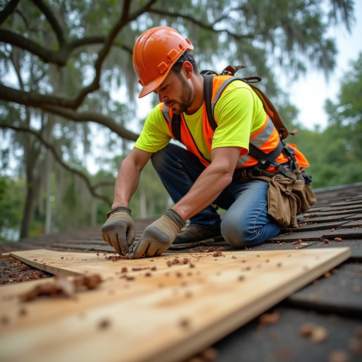 Roofer repairing tree branch deck puncture and replacing compromised plywood sheathing