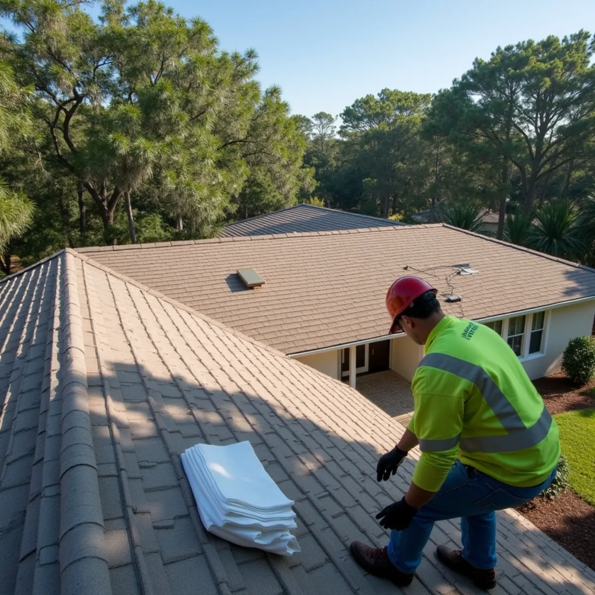 Lake Seminole residential ranch home roof repair under Florida summer sky