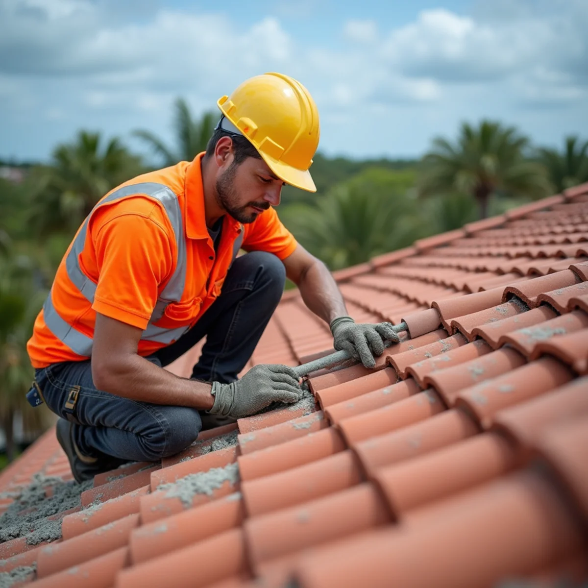 Weather-sealed mortar bed and ridge cap installation on Mediterranean tile roof